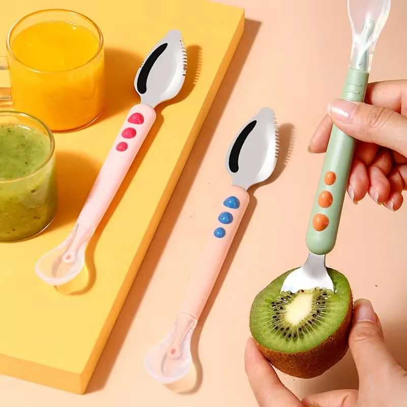Double Head Baby Spoon Silicone Stainless Steel Fruit Scraping Mud Utensil Toddler Infant Food Eating Feeding Tableware for Chil