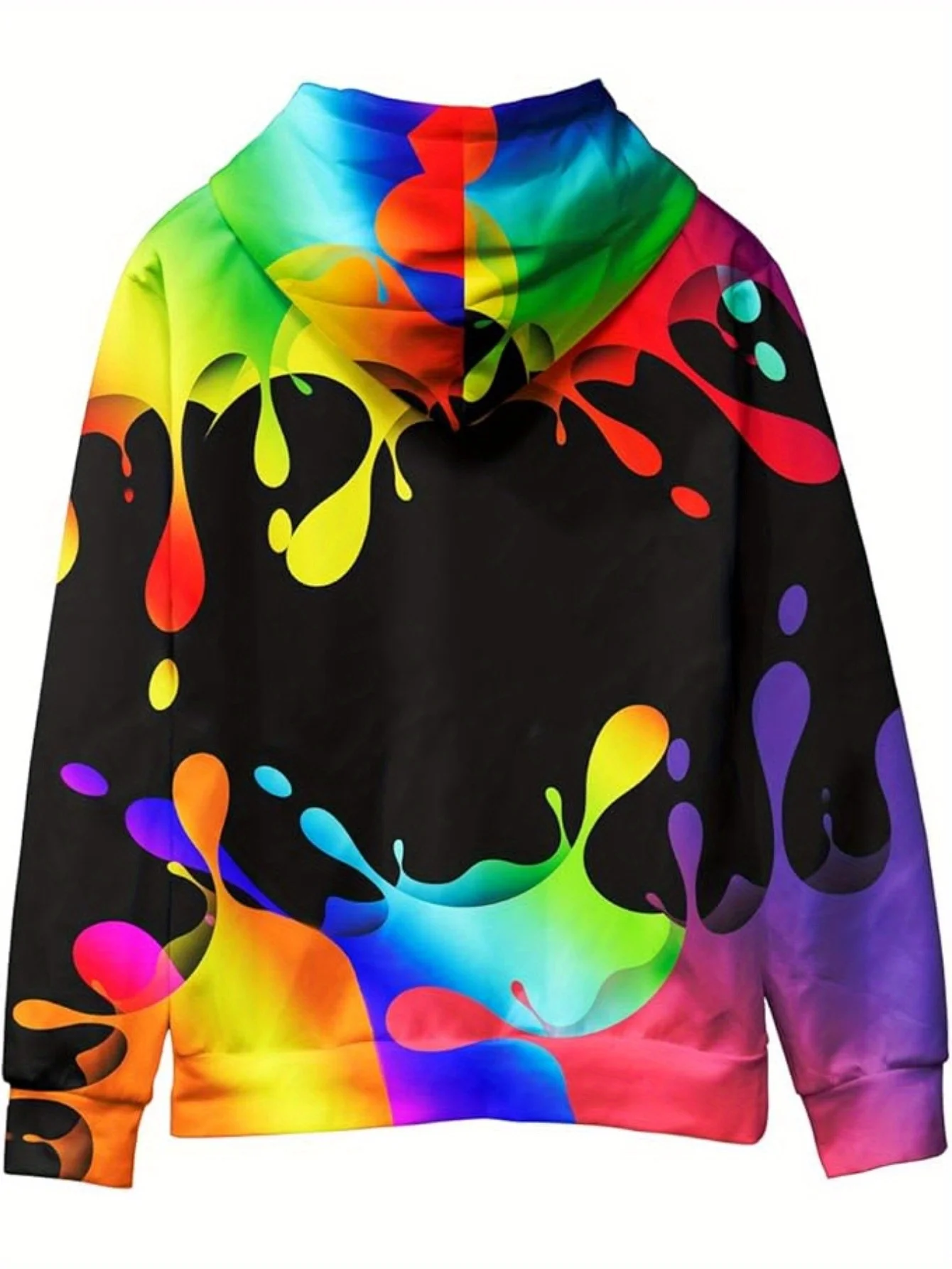 Men Black Base Rainbow Liquid Splash Gradient Print Drawstring Hoodie With Pocket