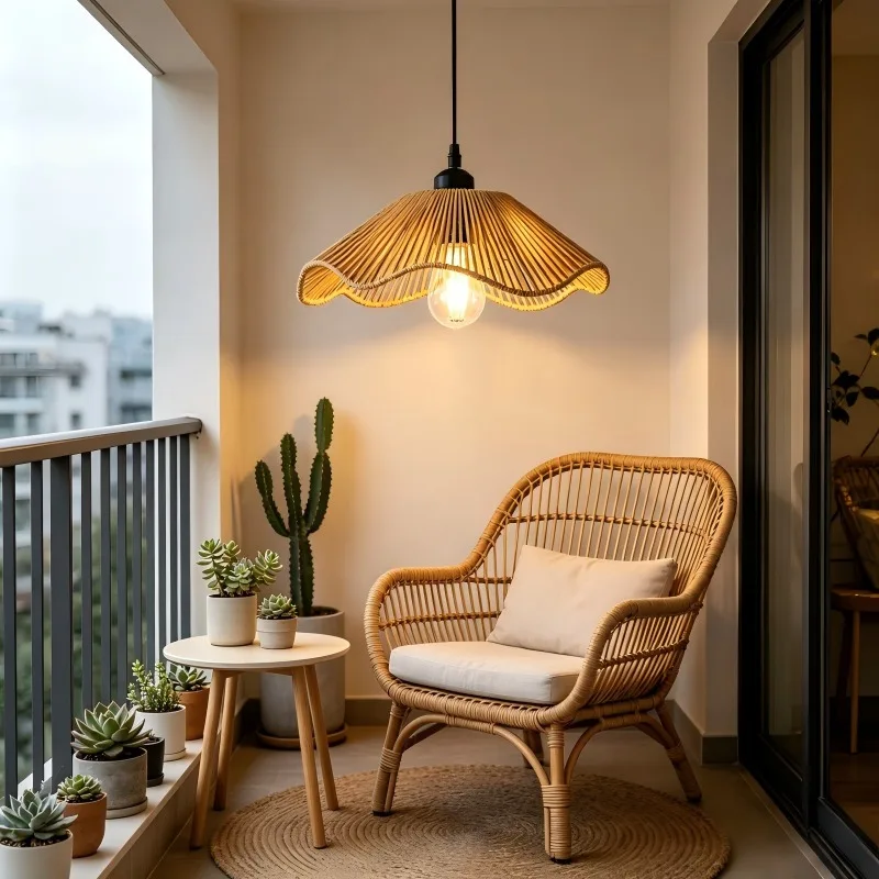 Handmade Woven Rattan Pendant Lamp Shade, Boho Wabi-Sabi Vintage Ceiling Light Cover (Bulb Not Included)