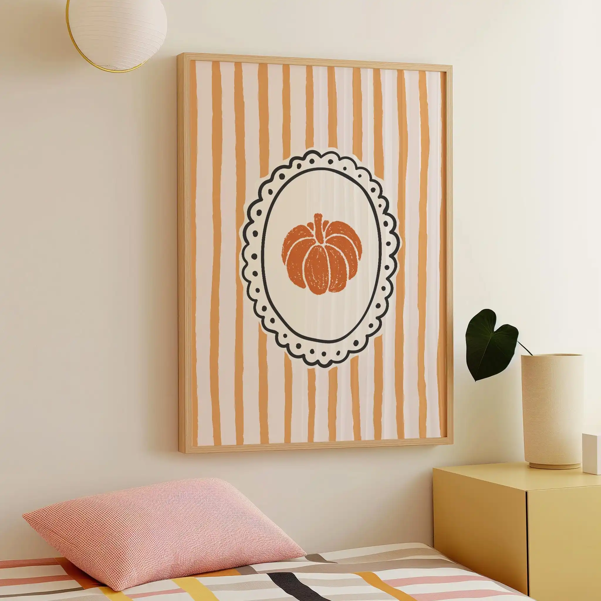 Modern Striped Pumpkin Canvas Prints Cozy Halloween Wall Art Poster Whimsical Halloween Art Poster for Living Room Decorations