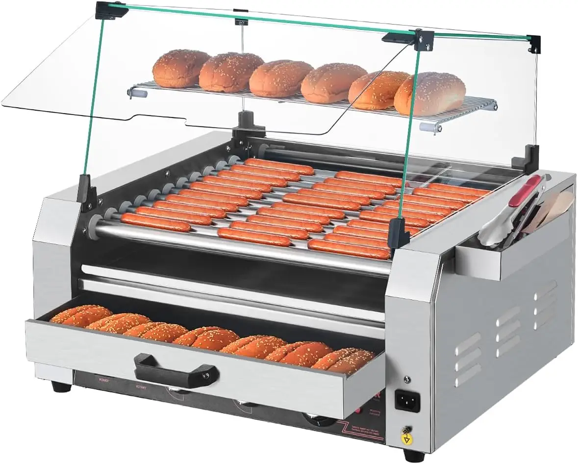 Hot Dog Roller, 30 Hot Dog 11 Rollers, Stainless Steel Sausage Grill Cooker, 1950W Hot Dog Machine with Bun Warmer, Cover, 3 Tem