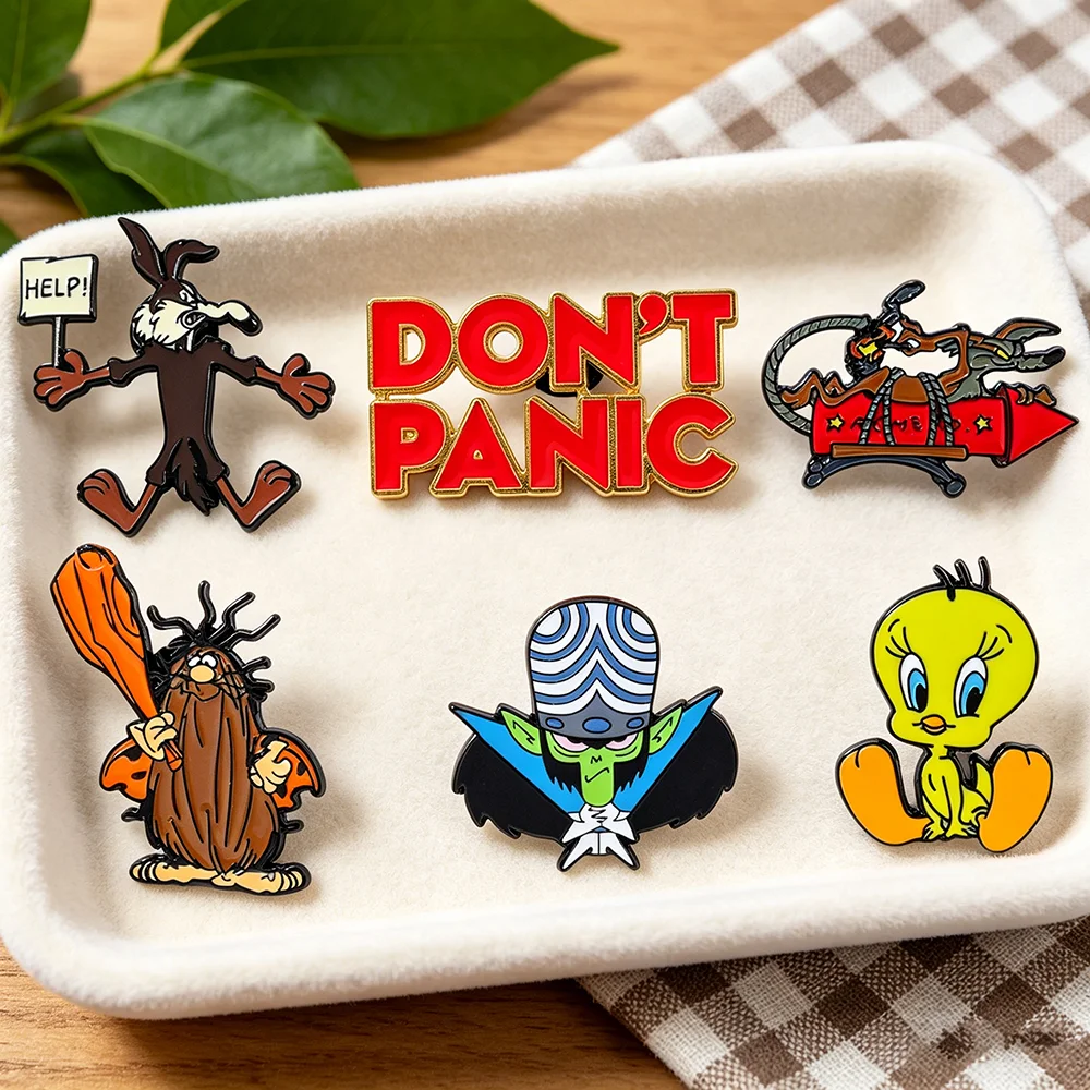 Retro-Cartoon-Charakter-Emaille-Pins, lustige Vintage-Stil-Anstecknadeln mit „Don't Panic“-Schild, Sammelabzeichen für Rucksäcke