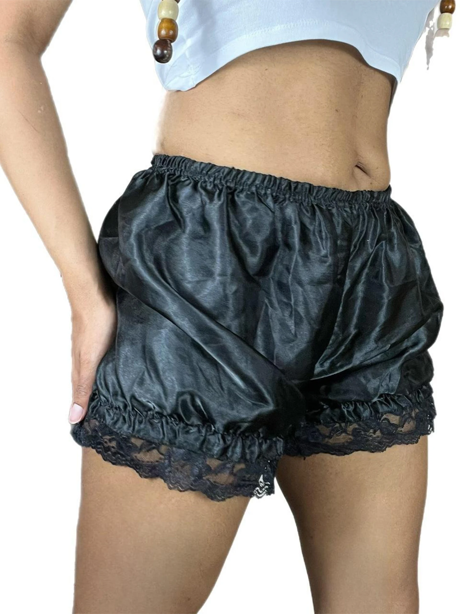 Women s High Waist Lace Trim Shorts Elastic Waistband Solid Color Loose Fit Pajama Bottoms with Delicate Details