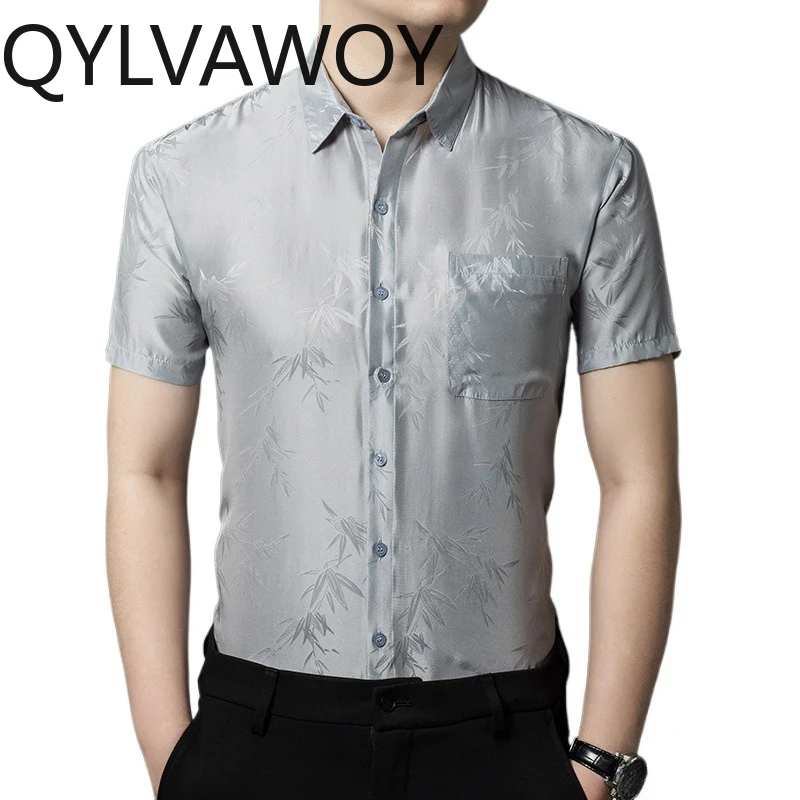 

QYLVAWOY 100% Real Mulberry Silk Men's Shirts Summer Short Sleeve Tops Man Shirts High Quality Camisas Masculina Business Casual