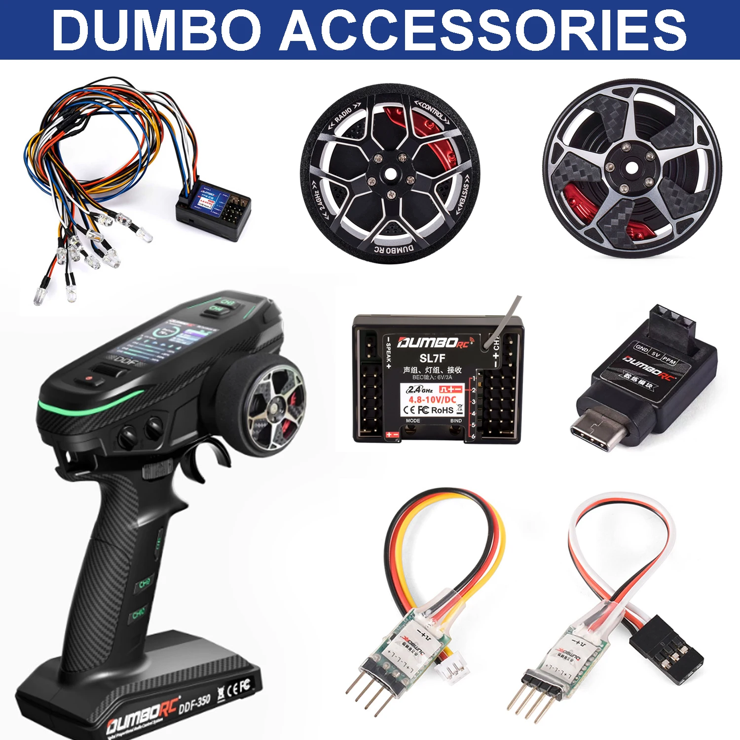 DUMBORC Remote Control Metal Handwheel Transmitter LED Light Set 3-in-1 Receiver PPM Simulation Light Controller For RC Car Part