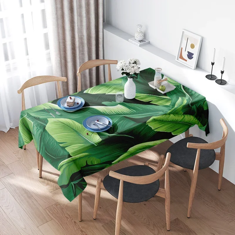 Green Floral Design Decorative Home Dining Mat for Kitchen Waterproof Rectangular Table Banana Leaf Print Tablecloth