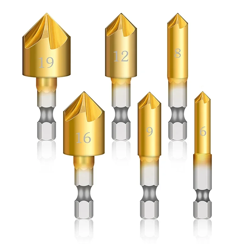 Conjunto de escareador de chanfro de 5 flautas, 6 peças, haste hexagonal de 1/4 ", hss, cortador de chanfradura de madeira de 90 graus com brocas escareadoras de 6mm-19mm
