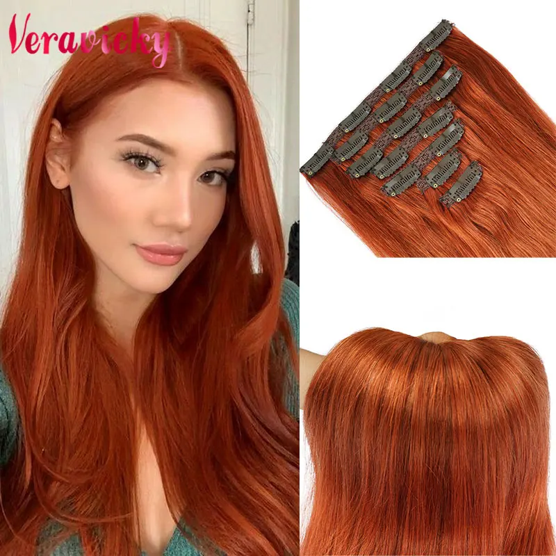 Veravicky #350 Copper Red Double Weft Brazilian 100% Real Human Hair Clips On Hairpieces Full Head Clip Hair for Thin Hair