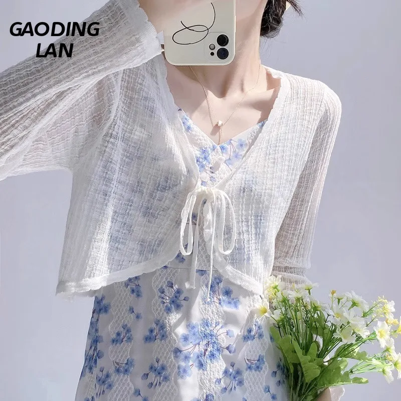 GAODINGLAN Long Sleeve Women Knitted Sunscreen Shirt Summer Solid Color Cover Up Shawl Ladies Ice Silk Thin Cardigan Outwear