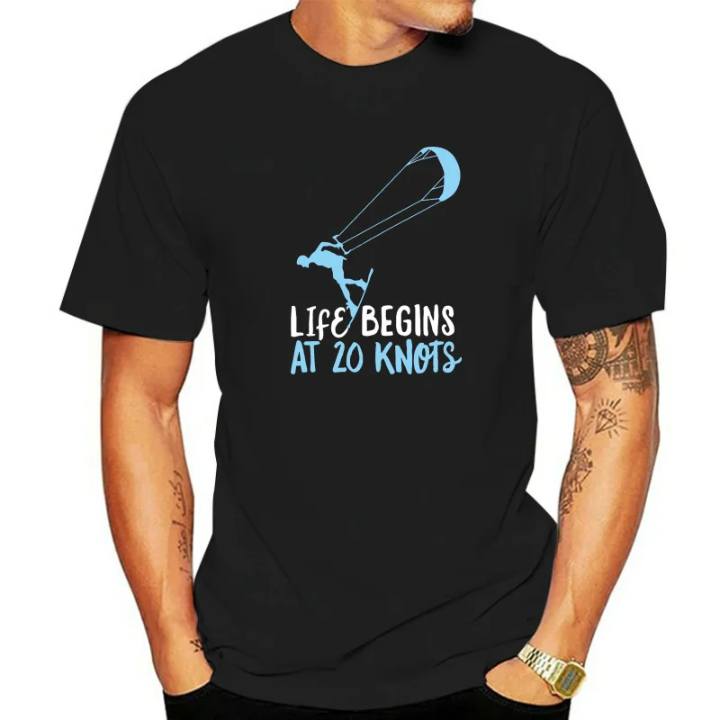 Men Kitesurfing T-Shirt Life Begins 20 Knots Kiteboard T Shirt Designing Tee Shirt O Neck Slim Interesting Building Shirt