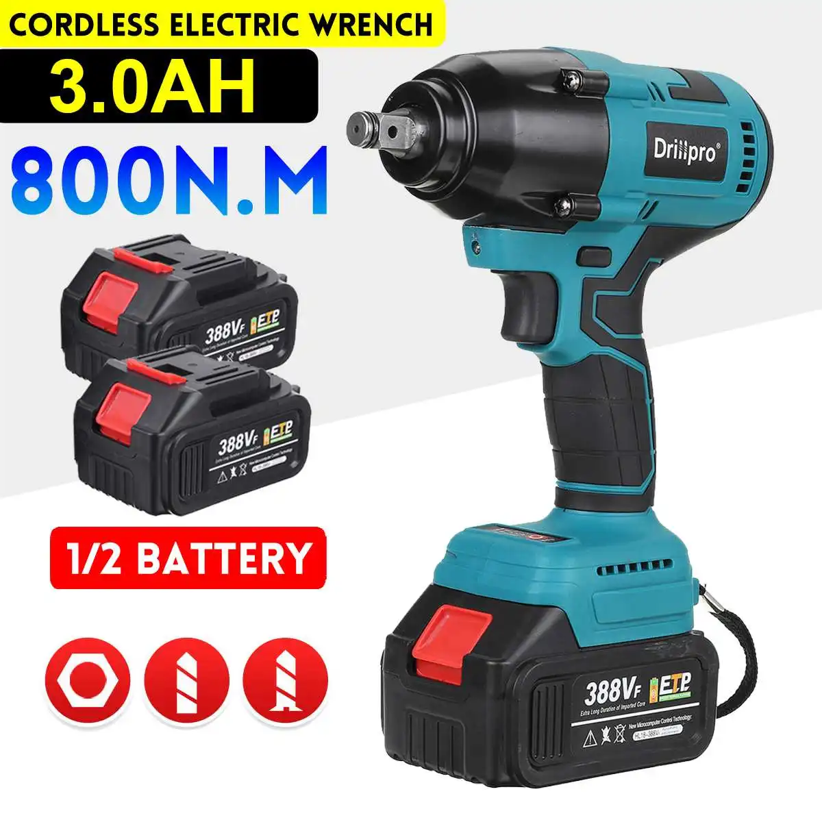 

Drillpro Electric Impact Brushless Cordless Wrench 800N.m 1/2-inch Socket Wrench Car Truck Power Tool For 18V Battery