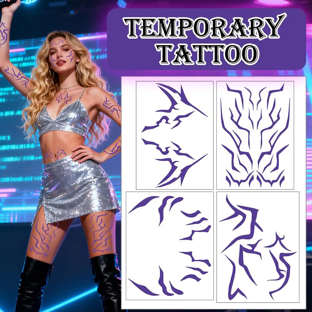 أنيمي الأرجواني ماكياج الوشم ملصقات الشيطان كامل الجسم الليزر البرق ملصقات 4 ورقة / مجموعة