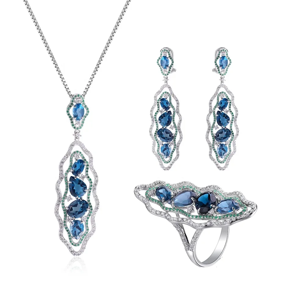 W0437 Abding Women Fine Jewelry Handmade 925 Silver London Blue Topaz Gemstone 3 Pieces Jewelry Set