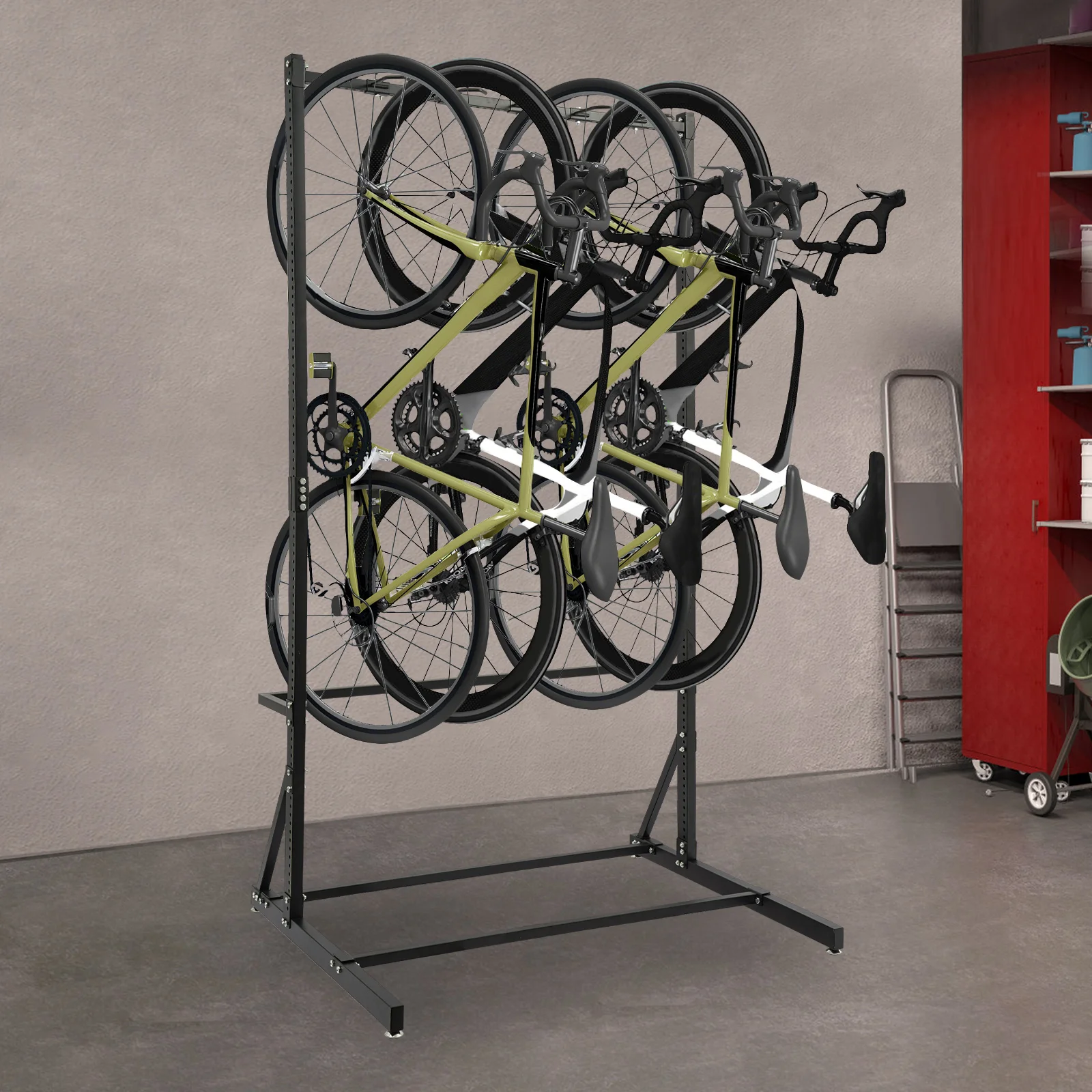 Schwarzes 5-Fahrrad-Aufbewahrungsregal aus Eisen, 330 Pfund, vertikaler Fahrrad-Organizer für Garage, Keller, Fahrrad-Reparaturwerkstatt