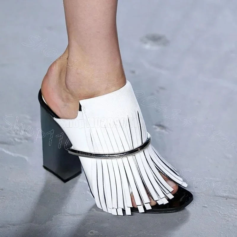 

Metal Circle White Taasels Runway Slippers Slip On Women Shoes Chunky High Heels Fashion Party Runway 2025 Zapatos Para Mujere