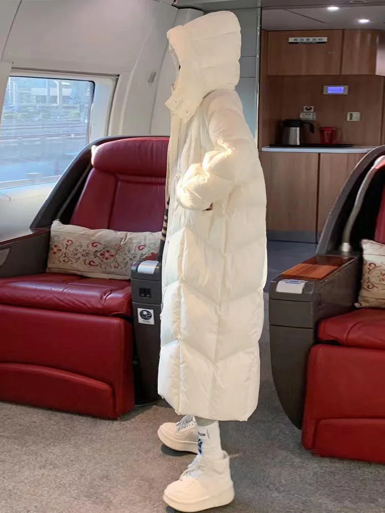 Cappotto da donna bianco sopra il ginocchio lungo Du down Jaet Cappotto da pane con cerniera e cappuccio caldo tessuto memory casual vestibilità ampia