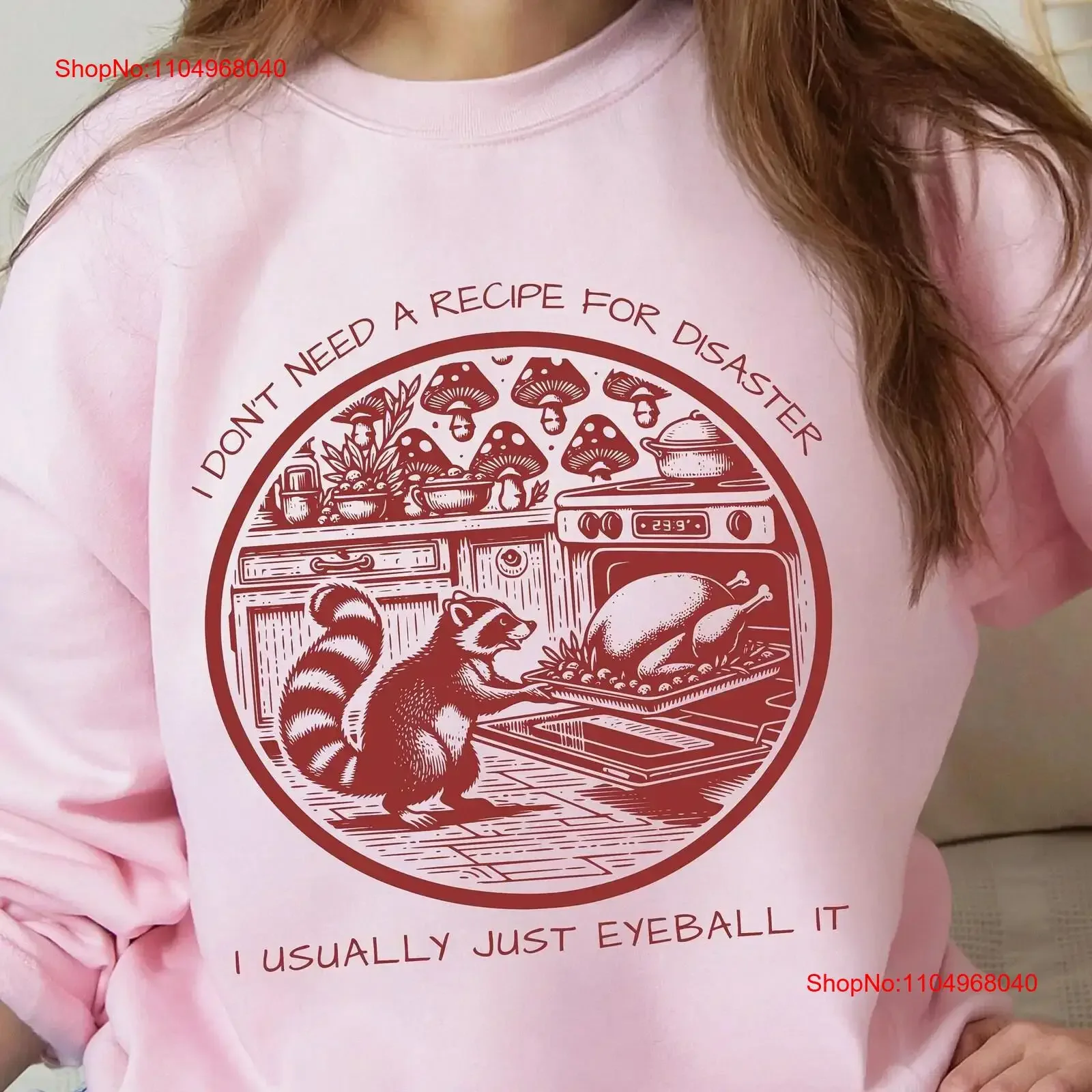 No necesito una receta para desastre, sudadera de Acción de Gracias, camiseta desenganche, mapache de otoño, cuello redondo, divertido amigo, noria