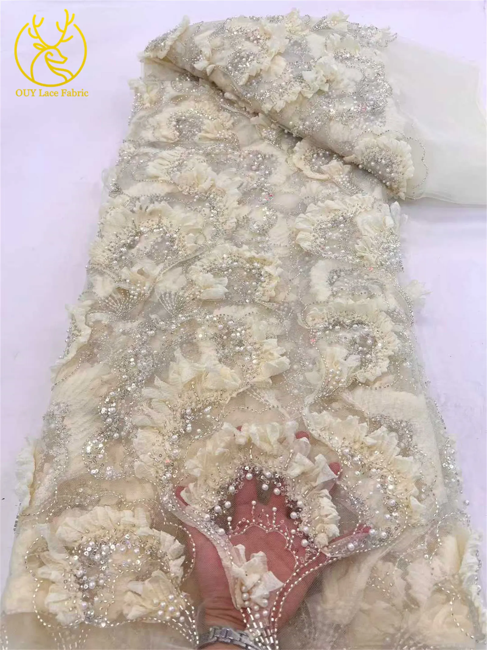 3D Neueste Elegante Afrikanische Spitze 2026 Hochwertige Französische Tüllspitze Nigeria Perlen-Pailletten-Spitzenstoff für Hochzeitskleider – Detail 10
