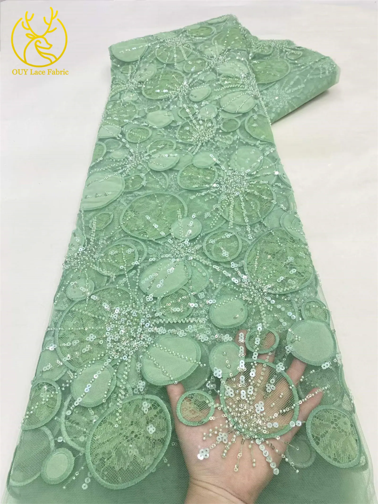 Luxuriöser afrikanischer Spitzenstoff mit Pailletten-Stickerei, gelb, 5 Yards, französischer nigerianischer Tüll-Spitzenstoff für Damen-Partykleider zum Nähen – Detail 15