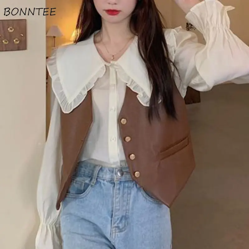 

PU Vests Women V-neck Vintage Solid All-match Loose Spring Causal Korean Style Fashion Students Office Lady Chic Streetwear Ins