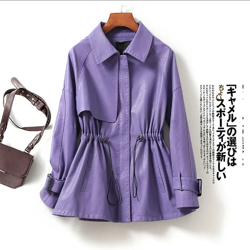 Trench in pelle di pecora per donna Cintura con lacci Capispalla in pelle crosta 2024 Colletto alla coreana Giacca da donna in pelle di agnello da donna