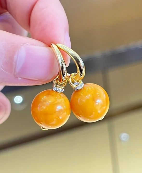 

Certificated Multi-wears 925 Silver Ear Buckle With 13-14mm Large Baltic Natural Amber Bead Ear Drop Dangles Luxury Fine Jewelry