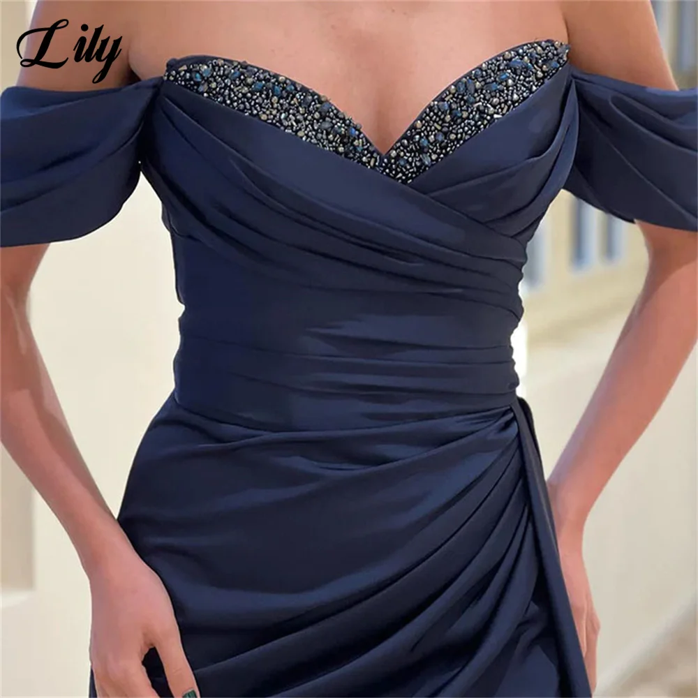 Lily Teal Stain Prom Dresses Sequined V Neck Evening Dresses Off the Shoulder Zipper Back Party Dress Pleat Side Split 프롬드레스