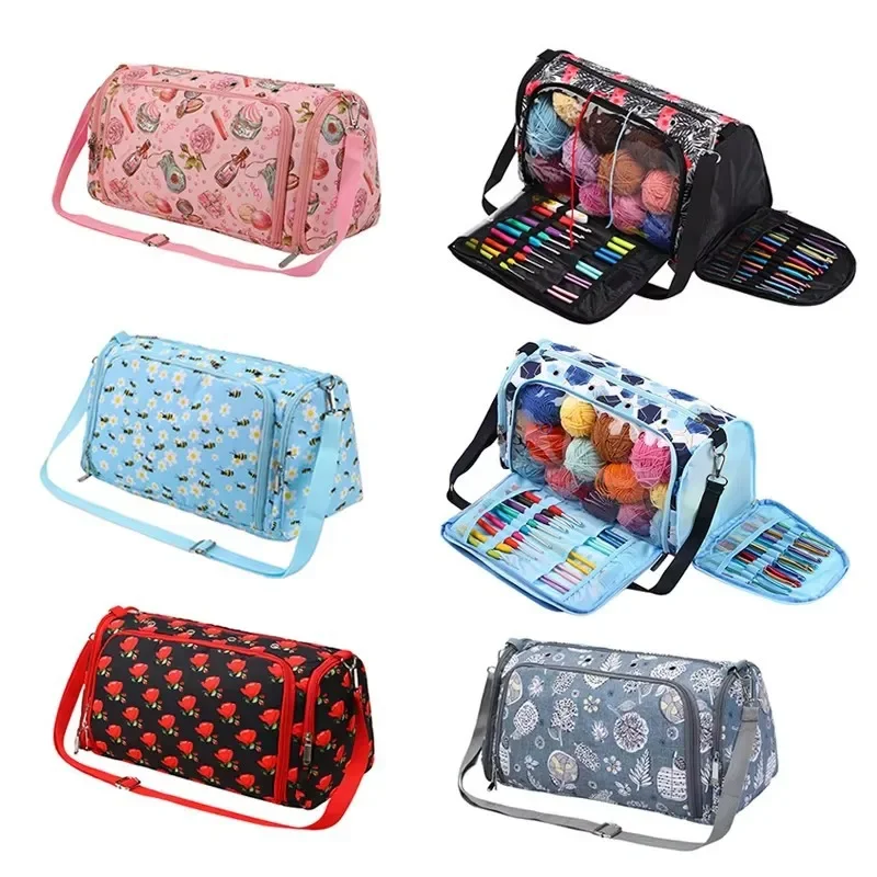 

Oxford Fabric Large Capacity Knitting Yarn Organizer Bag Travel Tote with Multiple Pockets for Crochet Hooks Accessories