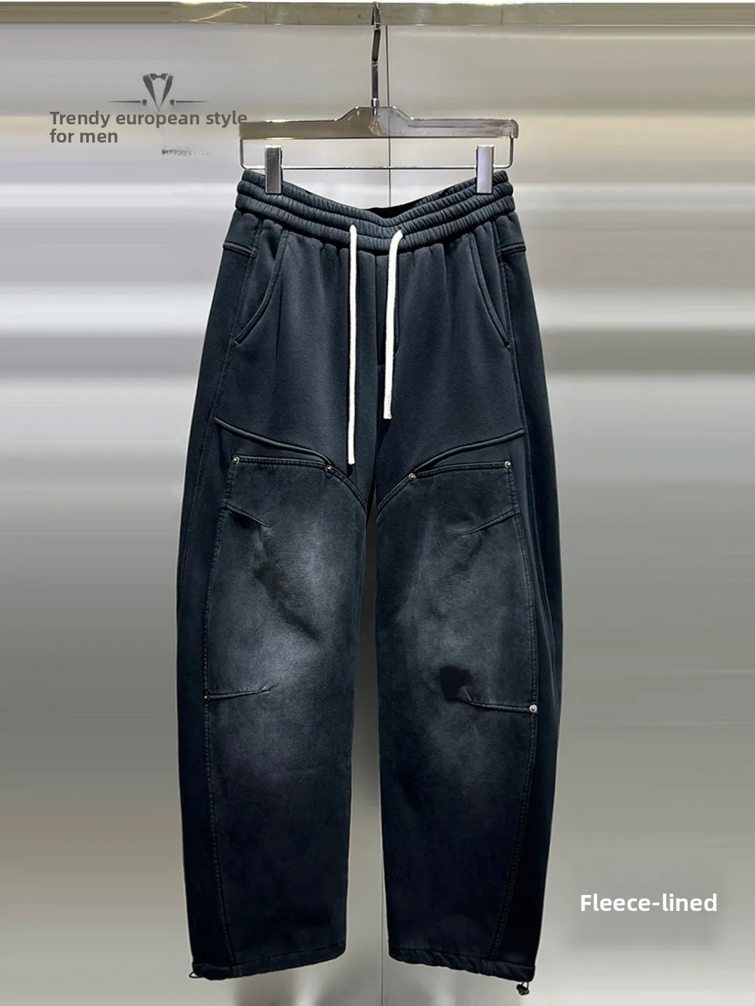 

Trendy Men's Workwear Sle Casual Pants Winter Sli Patchwork High Waist Thi Wide Leg Pants Knife Design Fce Lined