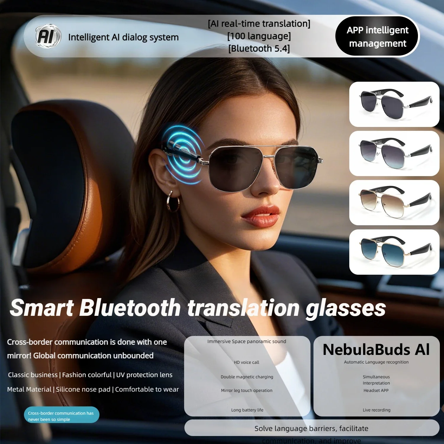 KIZN AI بلوتوث ترجمة وصفة طبية قصر النظر النظارات الشمسية أكثر من 100 لغة في الوقت الحقيقي المكالمات الهاتفية النظارات التقدمية #1