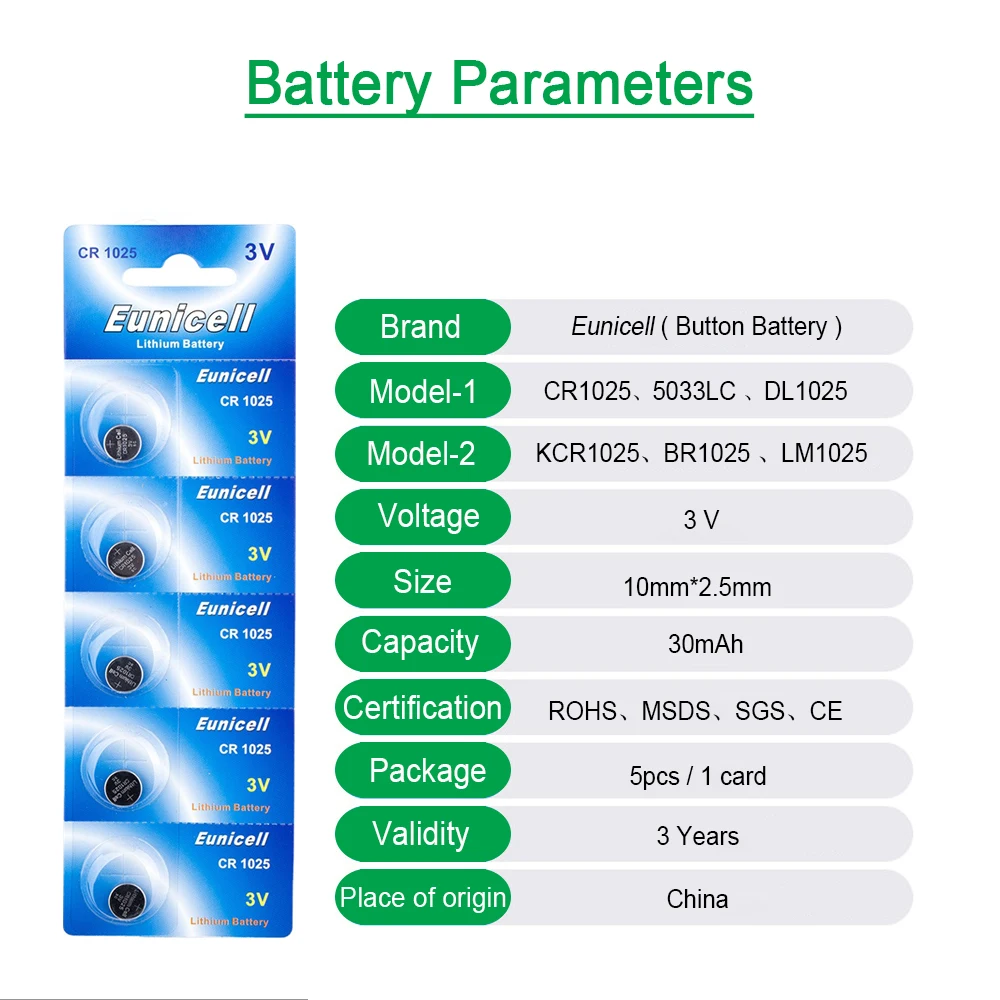 Eunicell CR 1025 DL1025 BR1025 5022LC KCL1025 CR1025 3V 30mAh Lithium Battery Remote Control Clock Watch Coin Cell Batteries