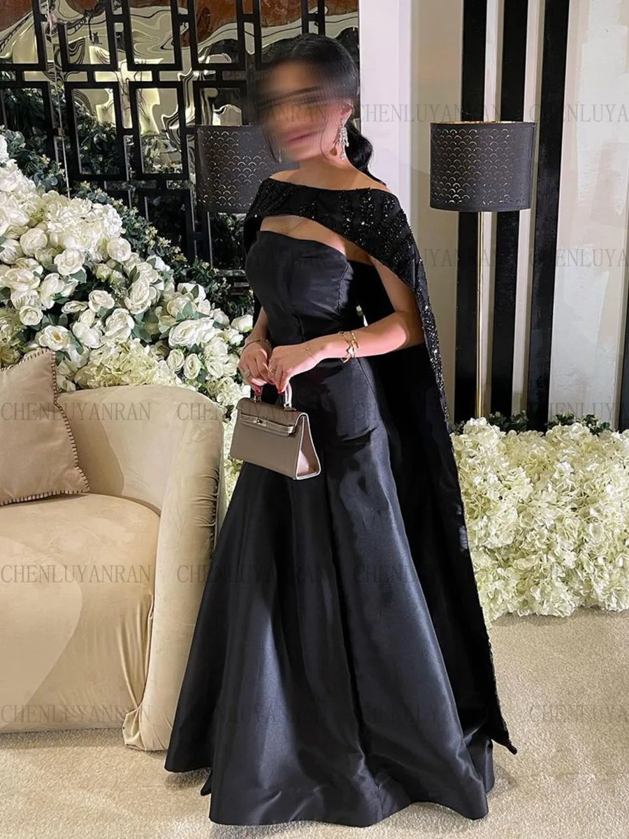 Black Strapless Formal Occasion Dresses 2023 With Cloak A-Line Long Party Dress Lace Applique Zipper Evening Gowns فساتين حفلات