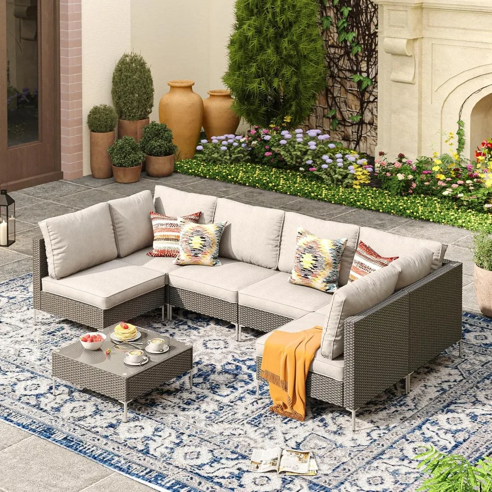 

7 Pieces Wicker Patio Furniture Set, Outdoor Conversation Set Sectional Sofa with Cushion & Glass-Top Coffee Table for Garden
