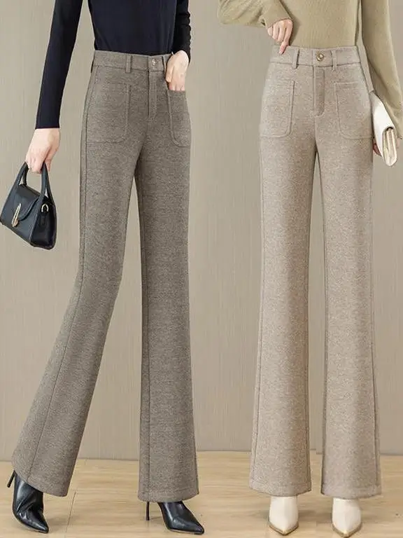 

Женские утепленные шерстяные брюки с высокой талией, осенне-зимняя новинка, пушистые, струящиеся, прямые, расклешенные, длинные брюки-клеш