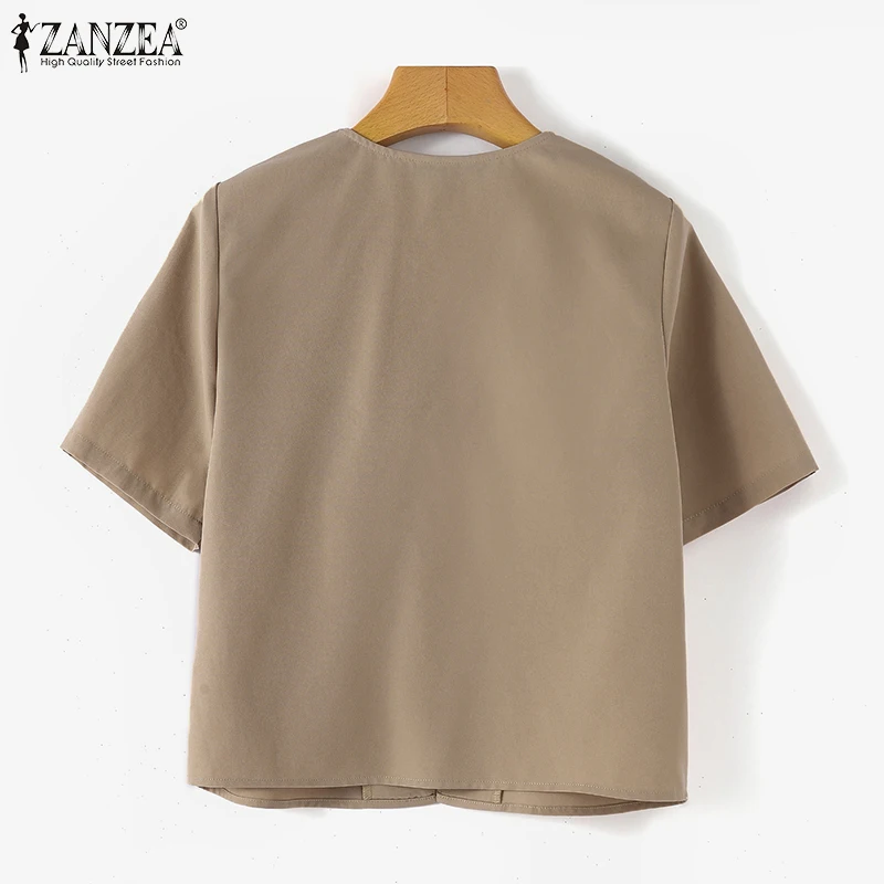 ZANZEA Women Fashion Tied Front Cardigans V-Neck Short Sleeve Solid Color Lace-Up Tops Summer Casual Commute Woman Clothes 3XL view 5