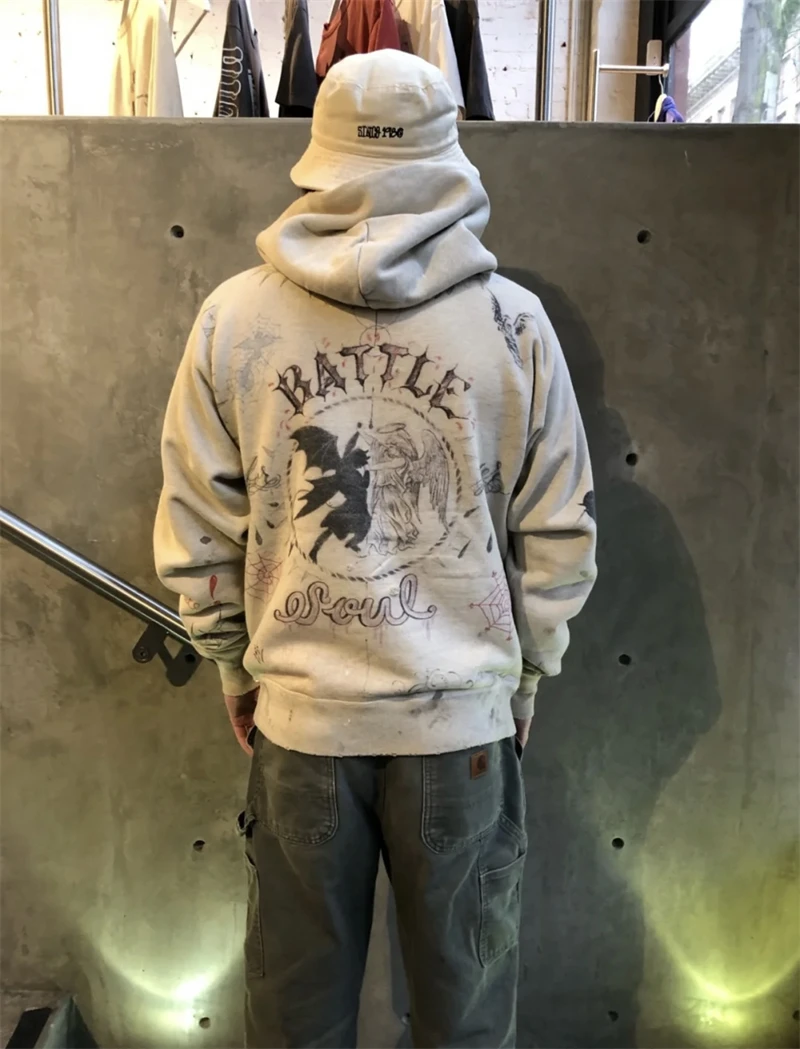 New Vintage High-quality Hand-painted Graffiti Printed Washed Fleece Hoodie High Street Casual Loose Cotton Japanese Trendy Men