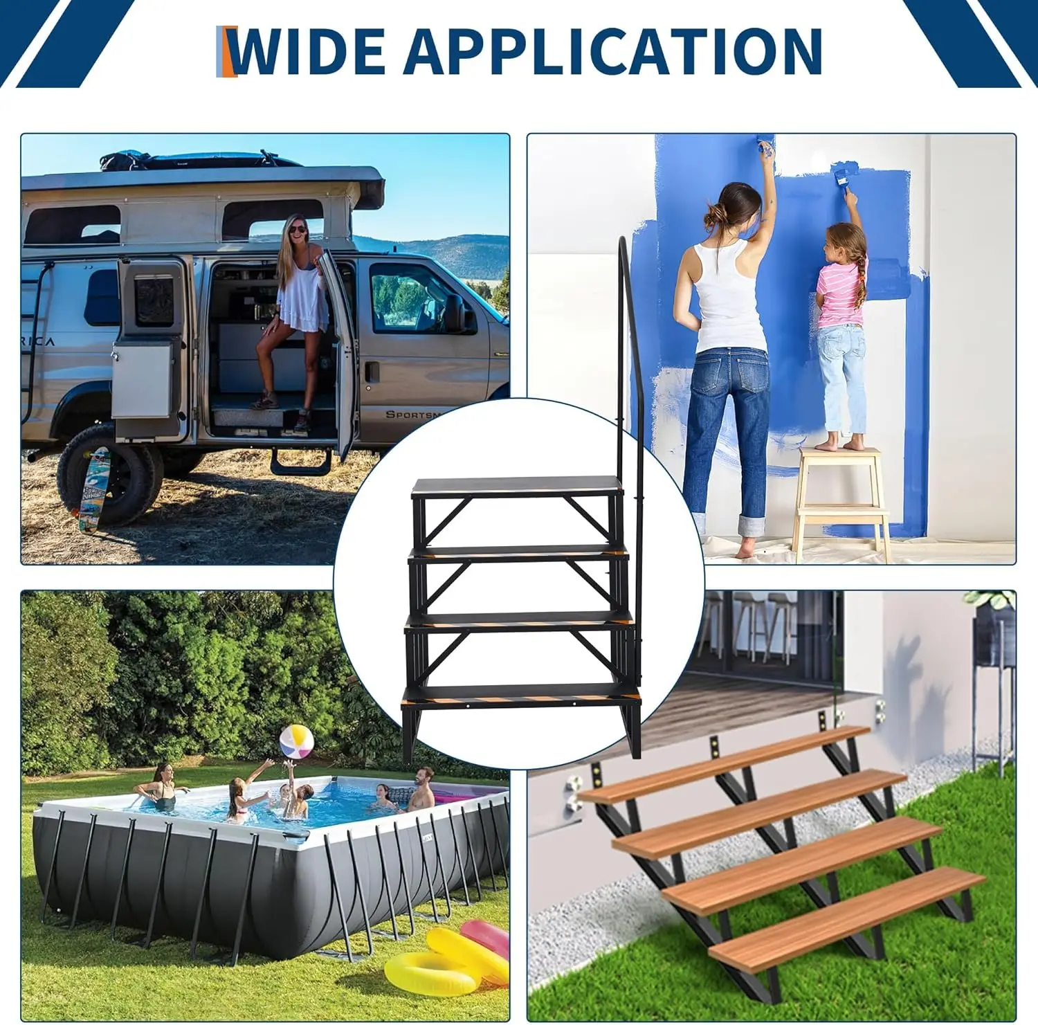 سلالم RV ذات 4 خطوات مع درابزين وأشرطة غير قابلة للانزلاق، سلم محمول خارجي لمقطورات العجلات الخامسة، ومعسكر السفر، وأحواض ساخنة #3