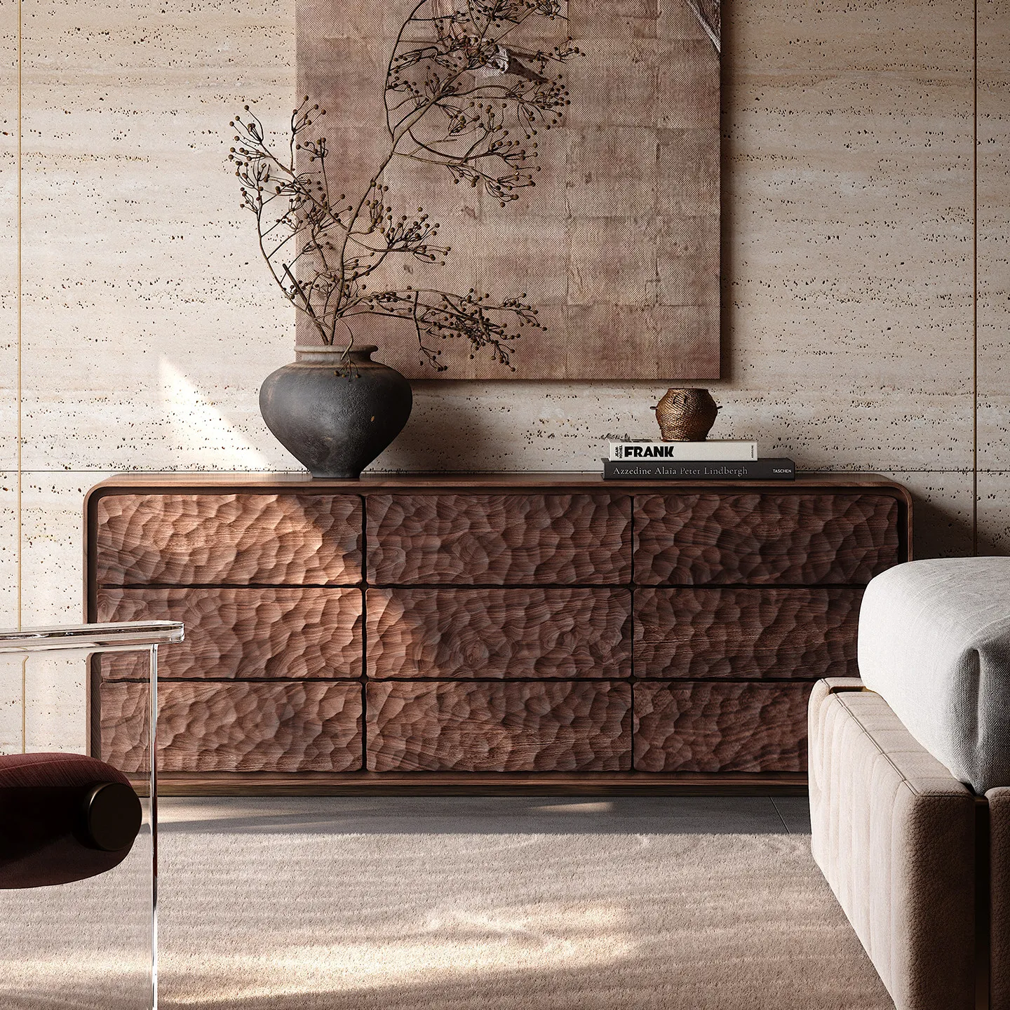 Carved bedroom TV cabinet, new medieval solid wood integrated against the wall