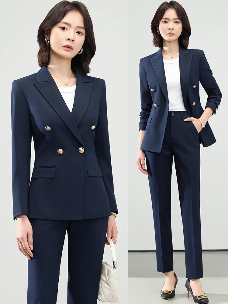 Professional Interview Suit Set Women's Slim Fit Tailored Coat And Pants Outfit in Royal Blue for Commute And Business