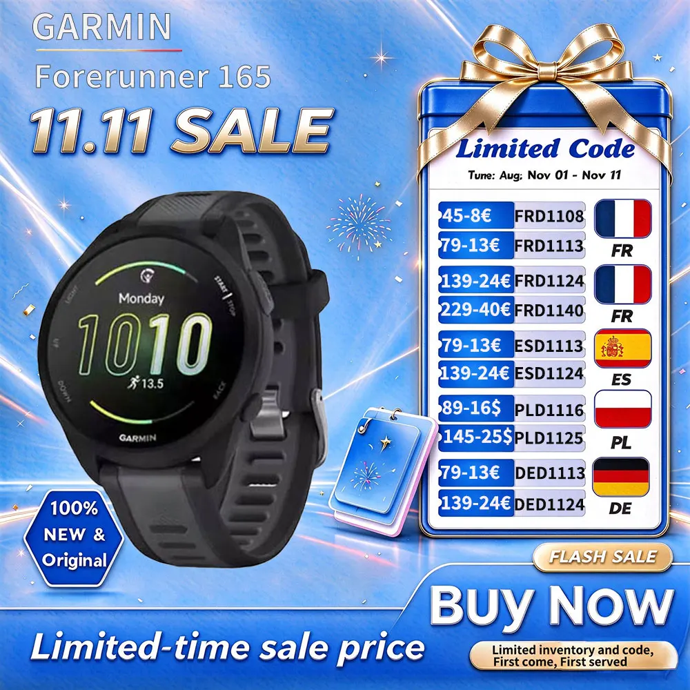 GARMIN Forerunner 165, reloj Garmin con sensor de oxígeno en sangre, monitorización del estrés, dinámica de carrera y funciones para llevar en la muñeca.