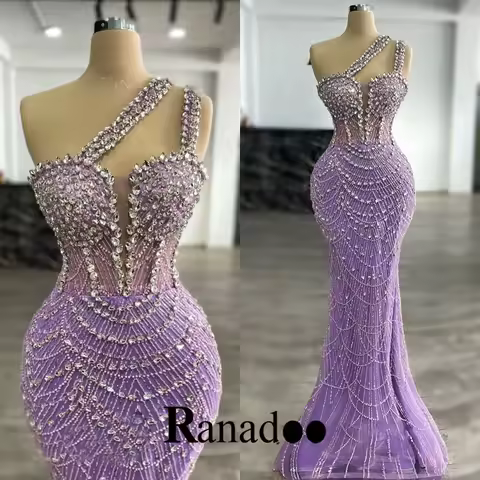 Ranadoo Sparkly One Shoulder Evening Dress Crystals Beadings Tassel Mermaid Rhinestones Vestidos De Fiesta Plus Customized
