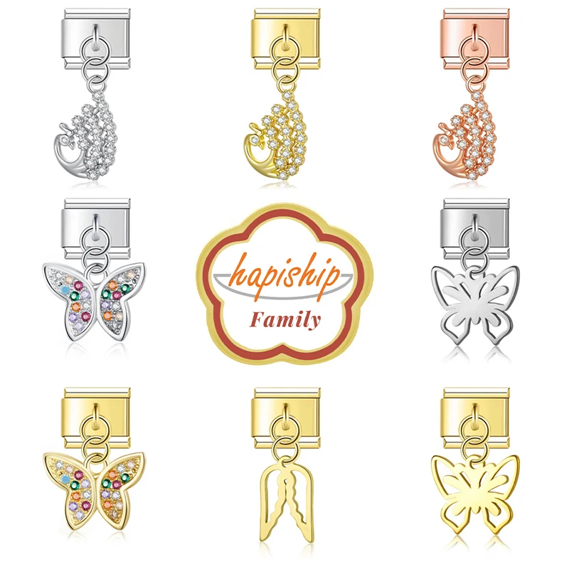 Hapiship Family 2024 Women Fashion Cute Butterfly Charm Italian Links Fit 9mm Bracelet Stainless Steel Making DIY Jewelry NEW447