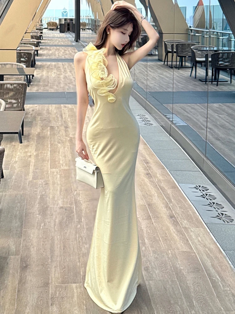 Women Solid Elegant Floral Neck-mounted Sexy Long Dress Summer Fashion Chic Casual Ruffled Dress 2025 Korean Bodycon Party Dress