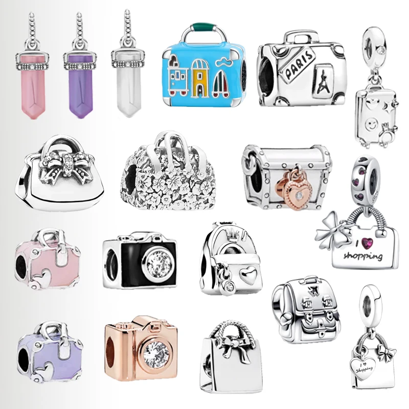 Hot Sale Shopping Bag Backpack Adventure Suitcase Charm Beads Fit Original 925 Sterling Silver Pandora Bracelet DIY Jewelry Gift