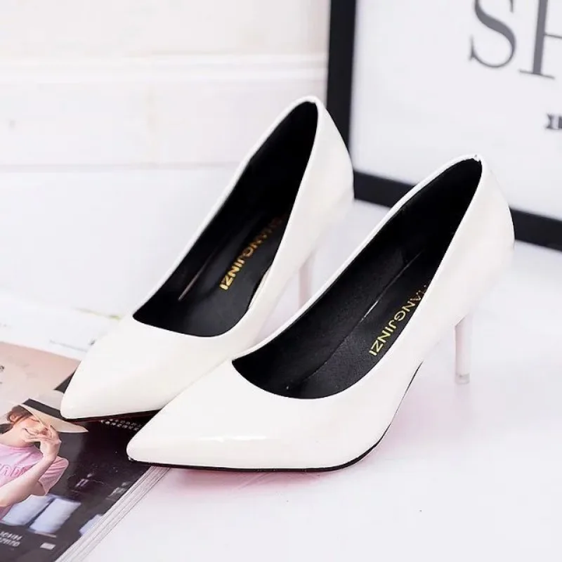 Large Size Women's Pumps Pointed Toe Patent Leather High Heels Dress Shoes White Wedding Shoes Thin Heels Basic Pumps Red