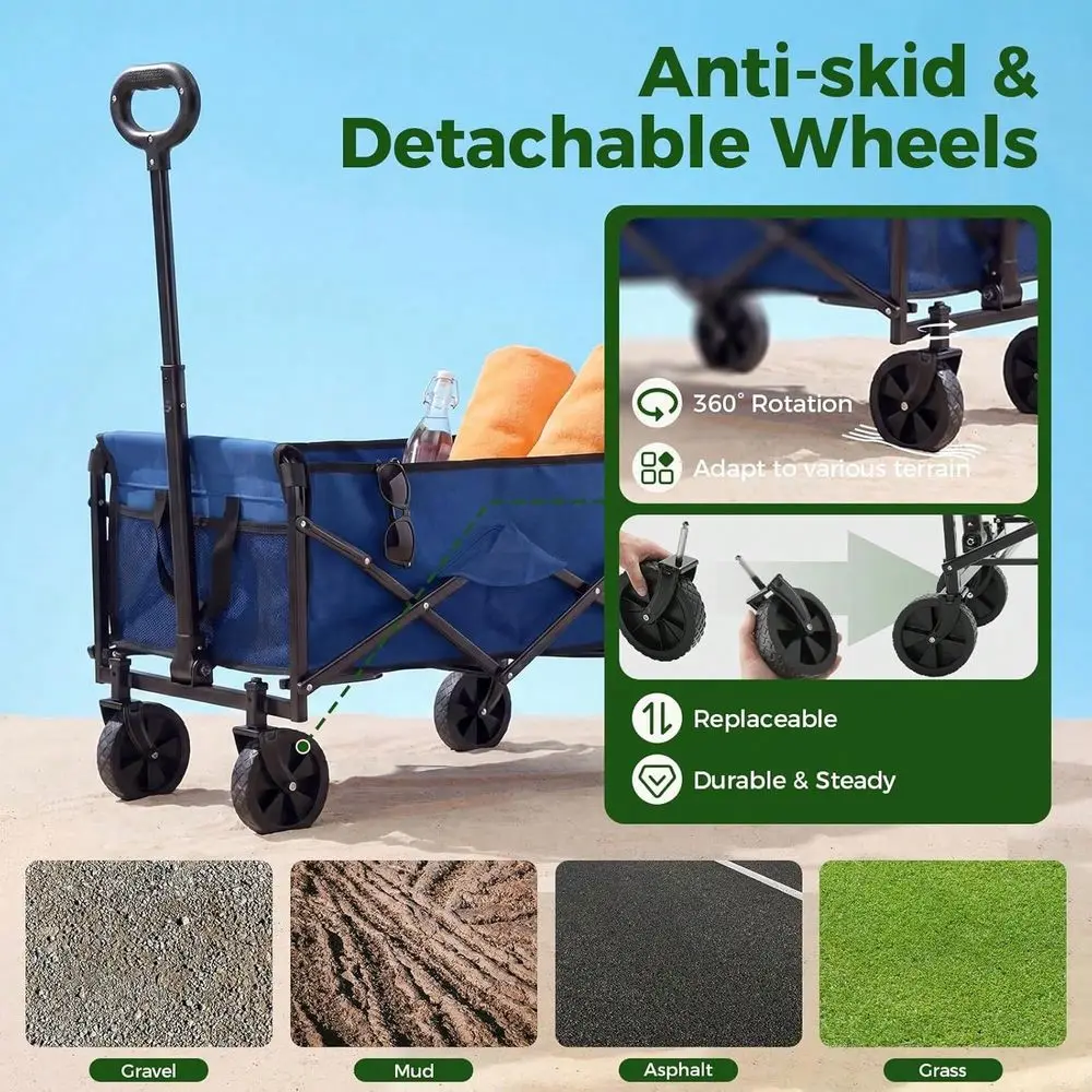 

Wagon Cart, 67L Heavy Duty Folding Utility Wagon, 220lbs Load Capacity With Lockable Brake Wheels, Flexible Handle Portable Sto