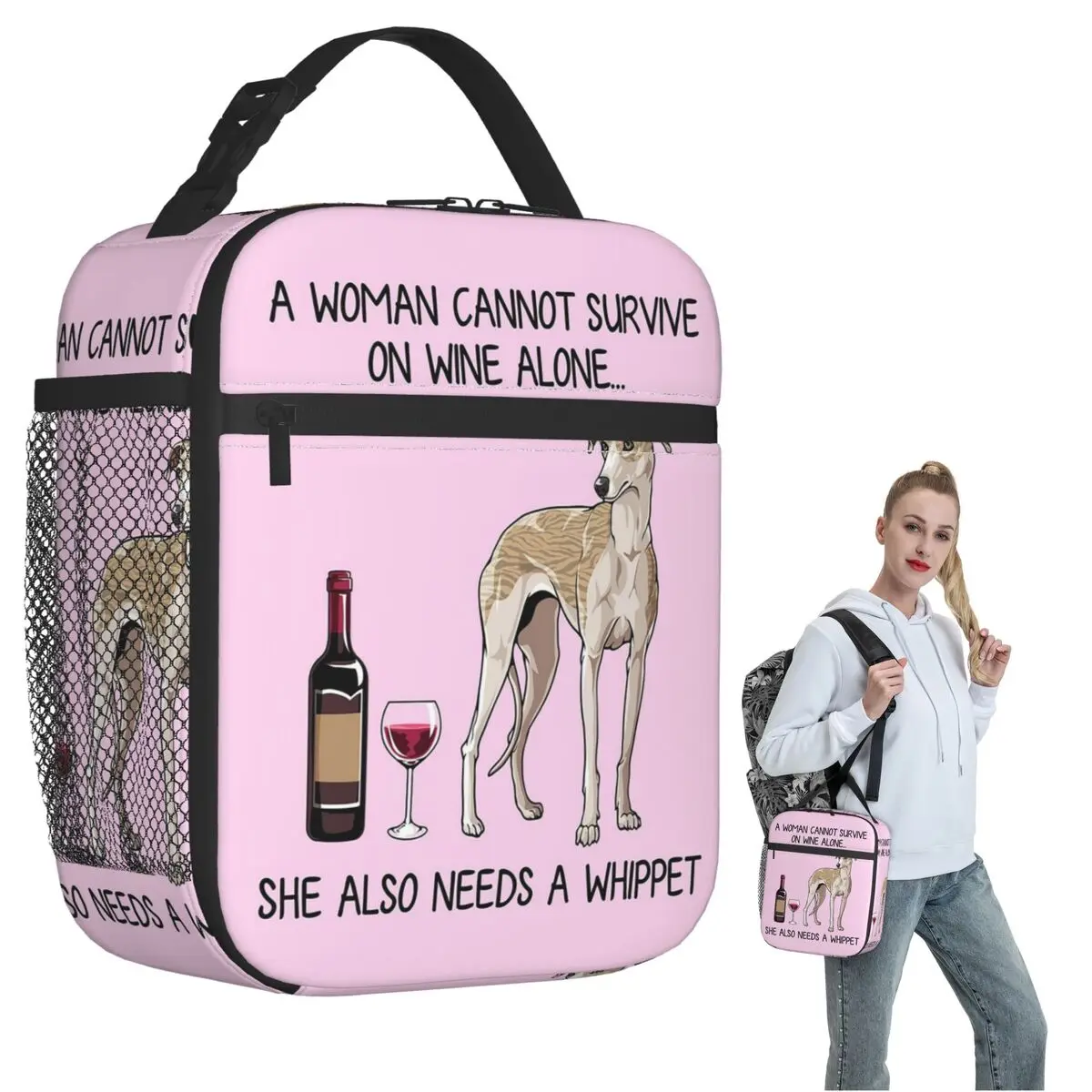Whippet Dog And Wine Funny Gift For Dog Mom Insulated Lunch Bag for Women Children Leakproof Food Boxes Thermal Lunch Box Tote