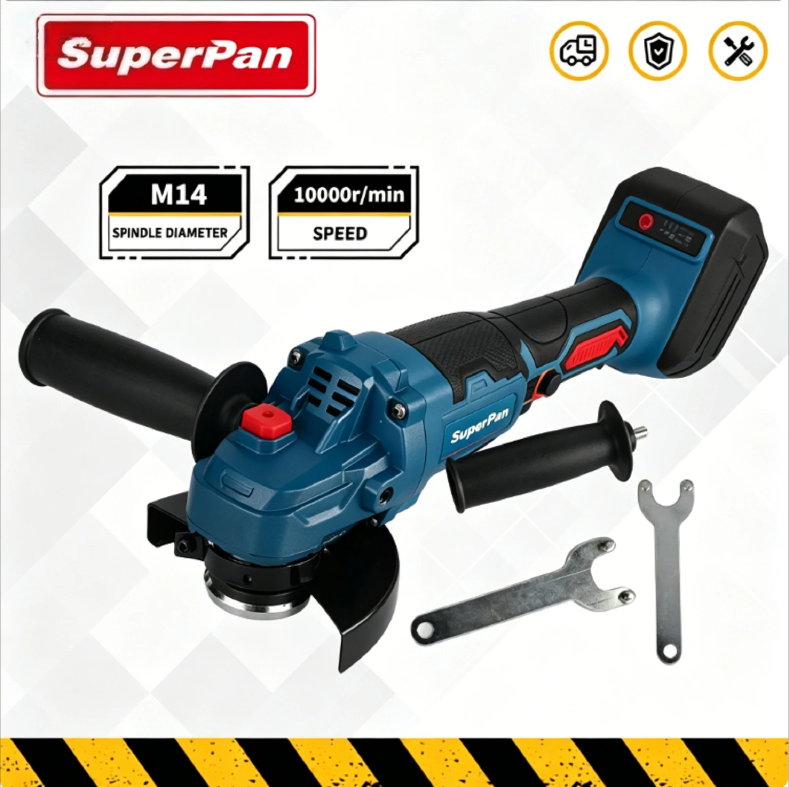 

Аккумуляторная угловая шлифмашина SuperPan 10000 об/мин, шпиндель M14, без аккумулятора, с ключами и рукоятками, без батареи в комплекте