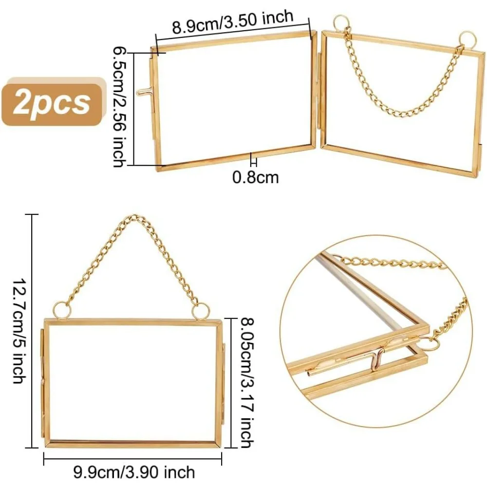 2Pcs Wall Hanging Mini Photo Frames 3.2x3.9 inch Double Glass Picture Frame with Chain Alloy Folding Frame DIY Vintage Artwork