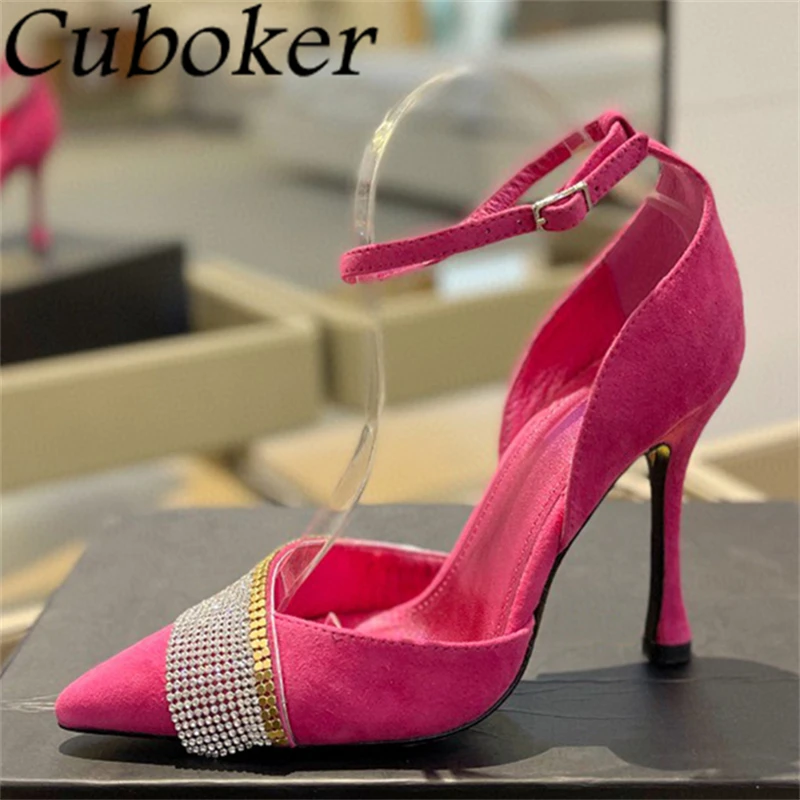 

2024 Summer Fashion Pointy Toe Crystal High Heels Shoes Women Suede Leather Ankle Buckle Stilettos Sexy Runway Party Pumps Femme